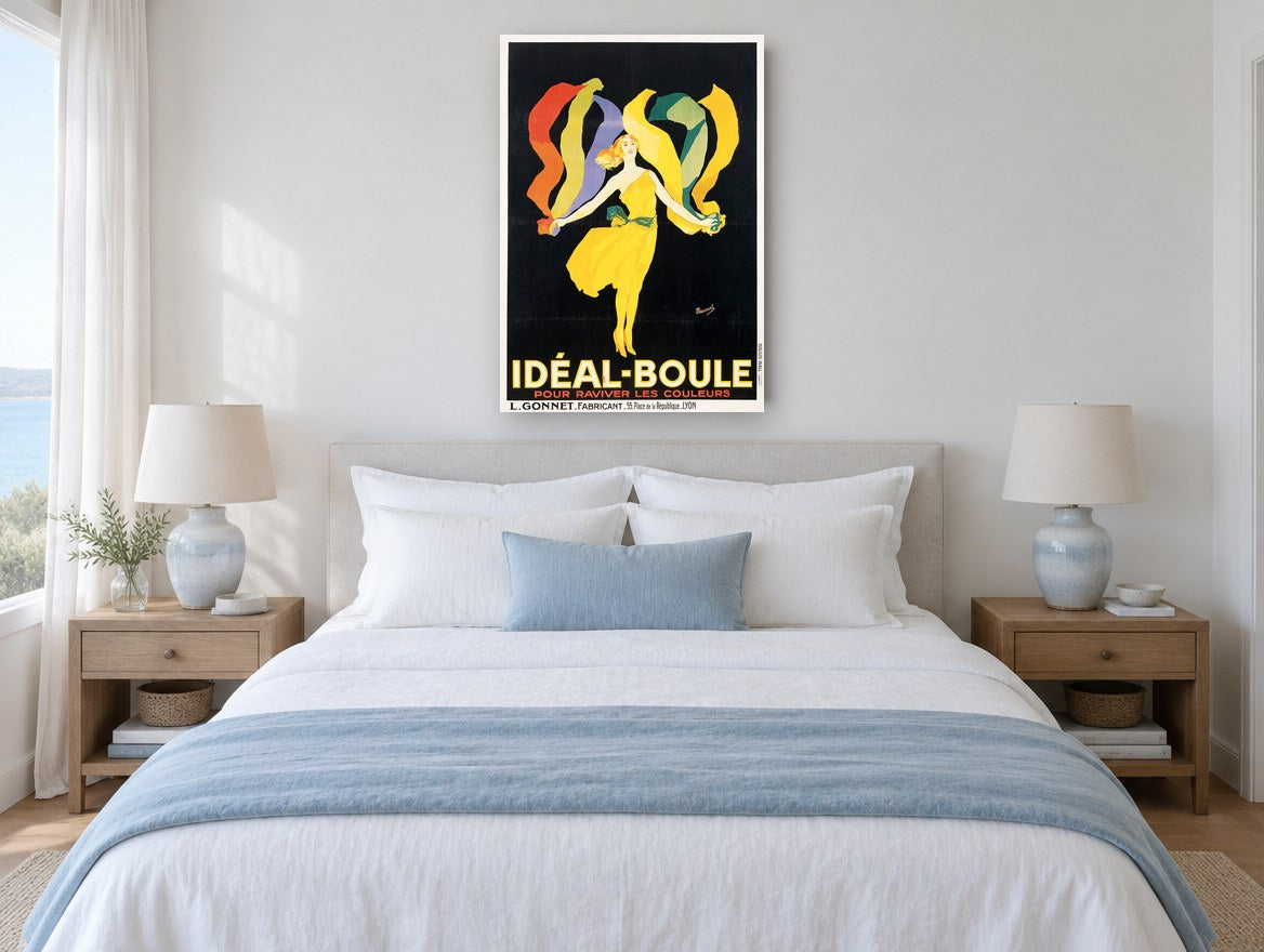 Dancing in Ribbons vintage canvas print on the wall of a coastal bedroom