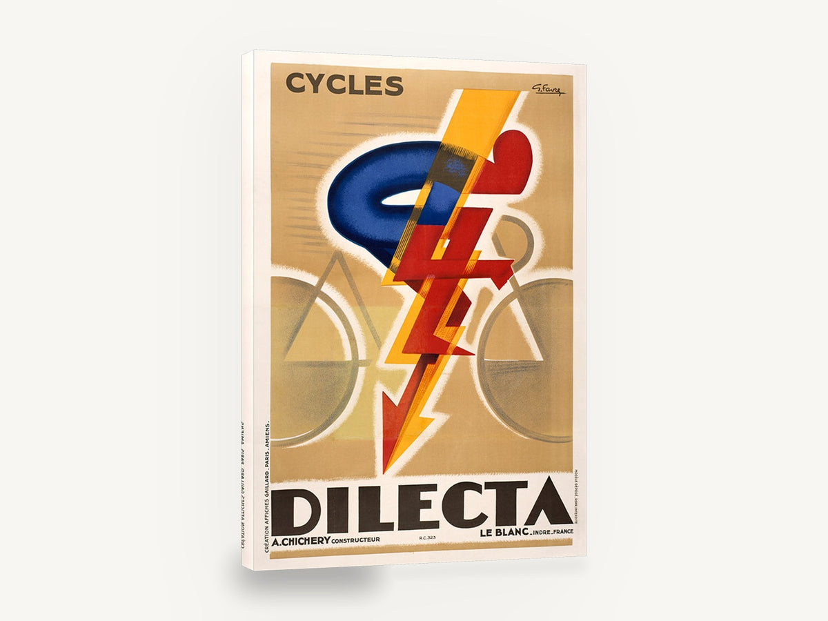 Lightning Cyclist, vintage dilecta cycles advertising poster, stretched canvas wall art print ready to hang