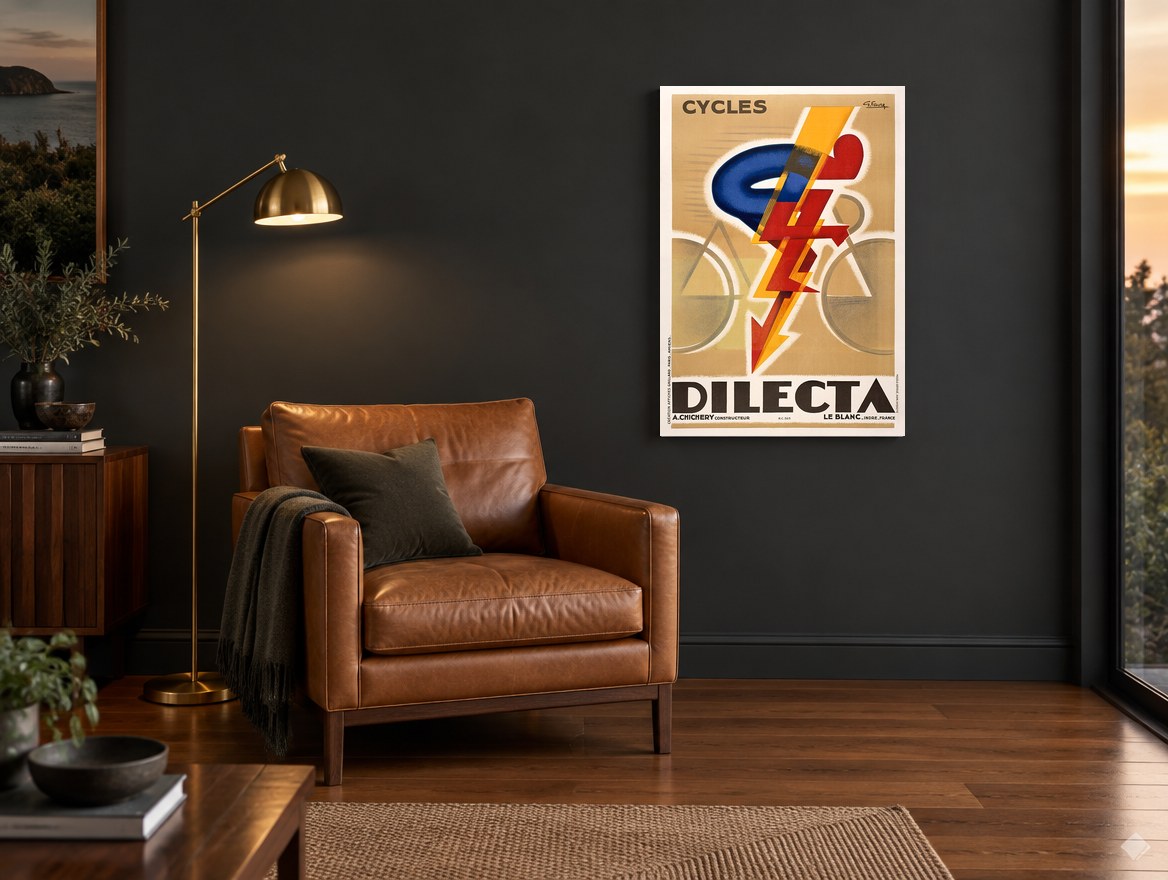 Lightning Cyclist vintage canvas print on the wall of a charcoal living room