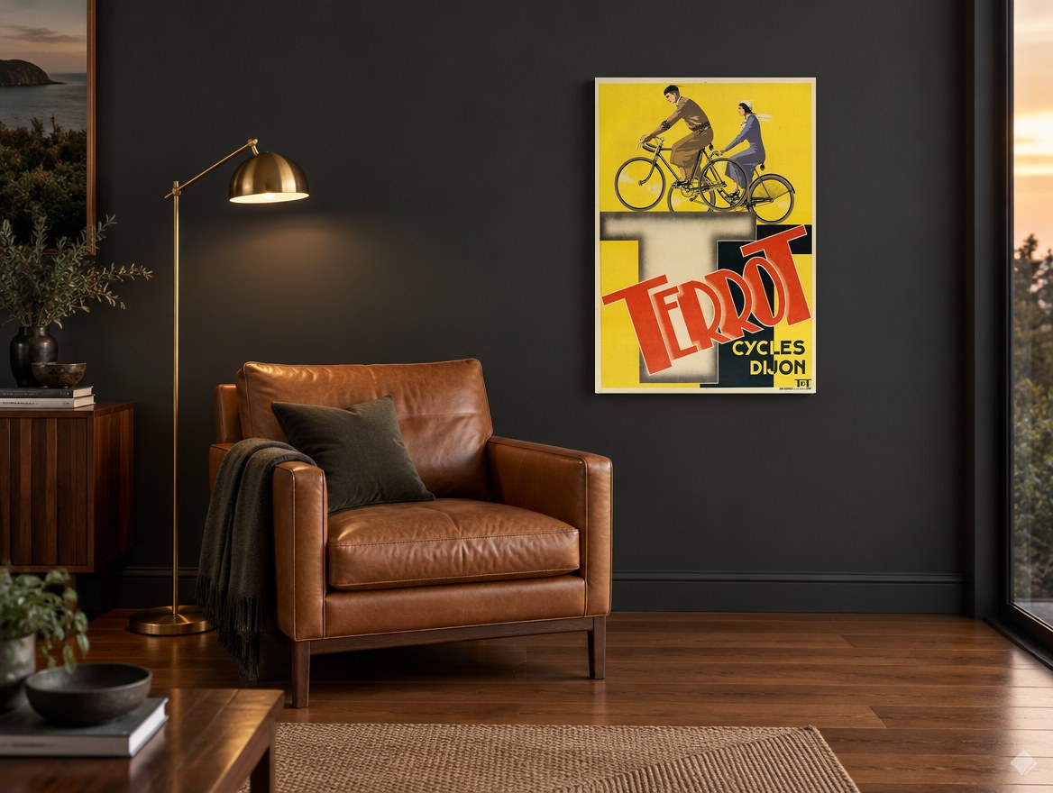Terrot Riders Dijon vintage canvas print on the wall of a charcoal living room