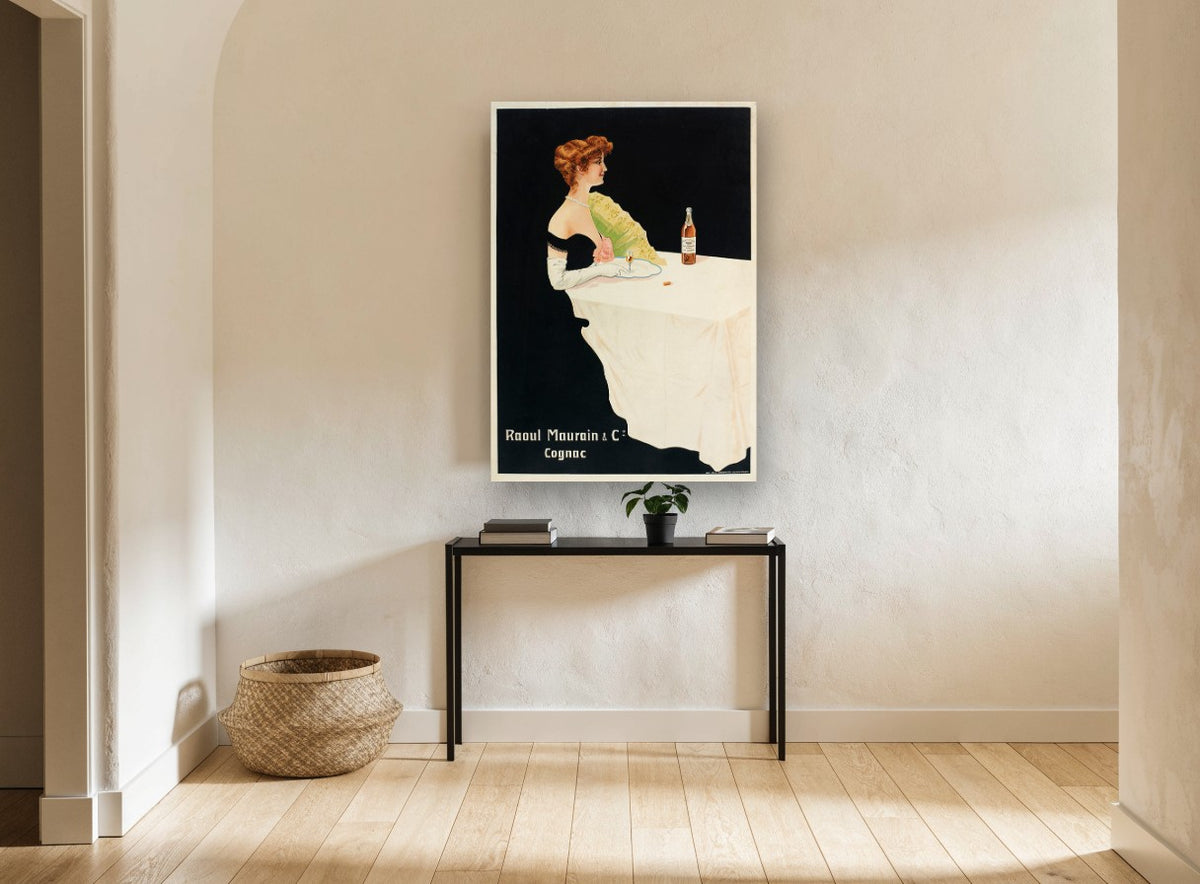 Lady With Cognac vintage canvas print on the wall of a hallway