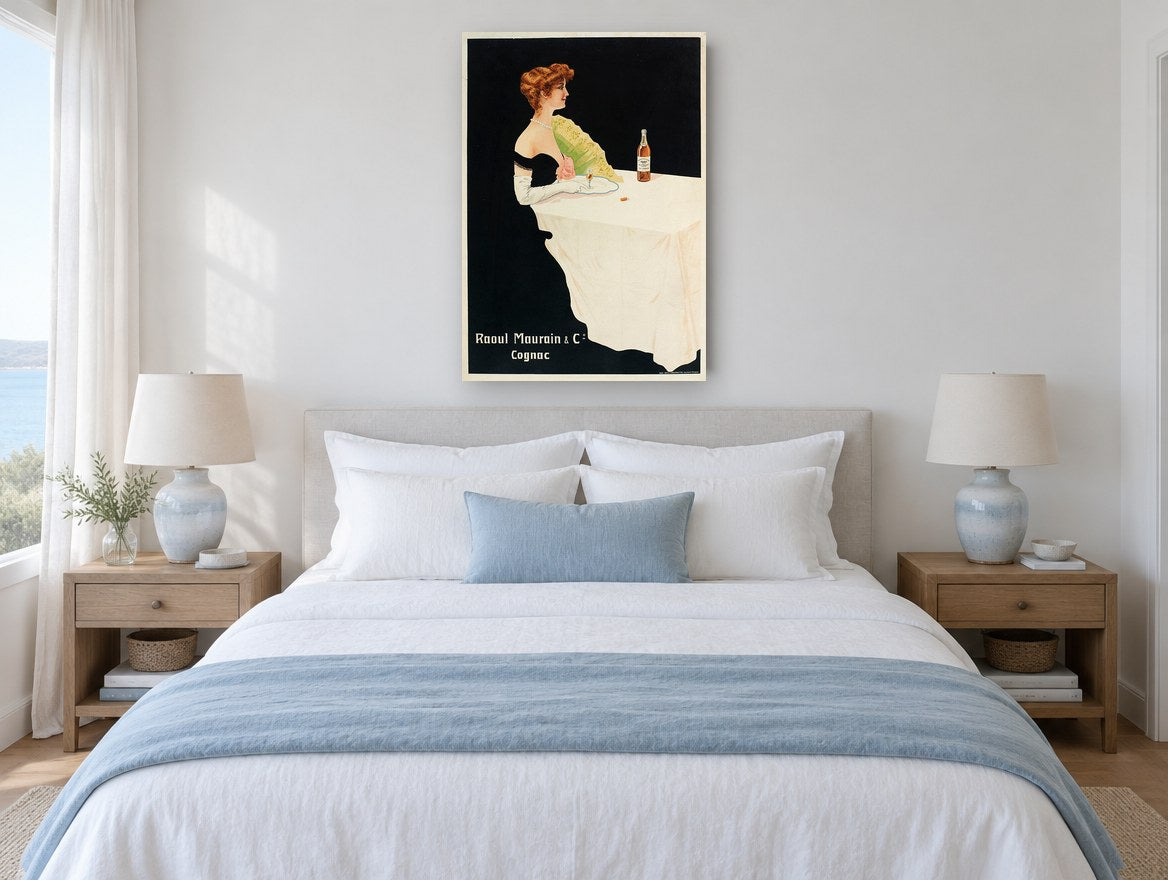 Lady With Cognac vintage canvas print on the wall of a coastal bedroom