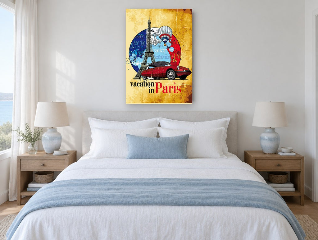 Vacation in Paris vintage canvas print on the wall of a coastal bedroom