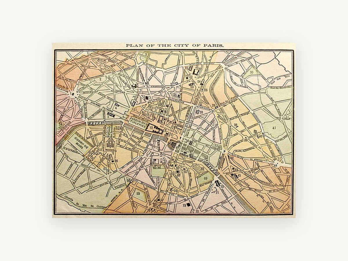 Plan of Paris, vintage canvas wall art print, front view