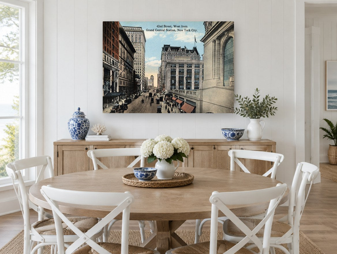 42nd Street vintage canvas print on the wall of a Hamptons dining room