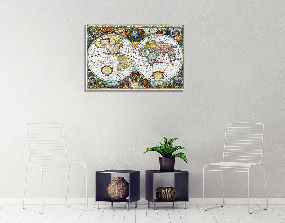 Vintage Global Map Wall Art Print on the wall