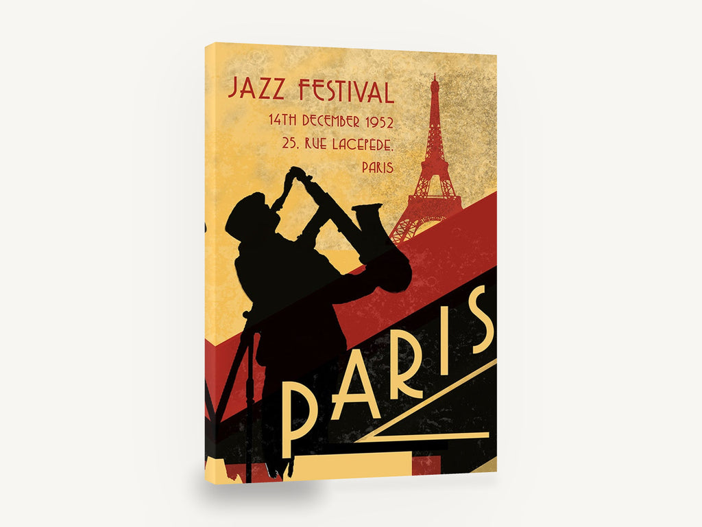 Paris Jazz Night, retro paris jazz festival poster, stretched canvas wall art print ready to hang