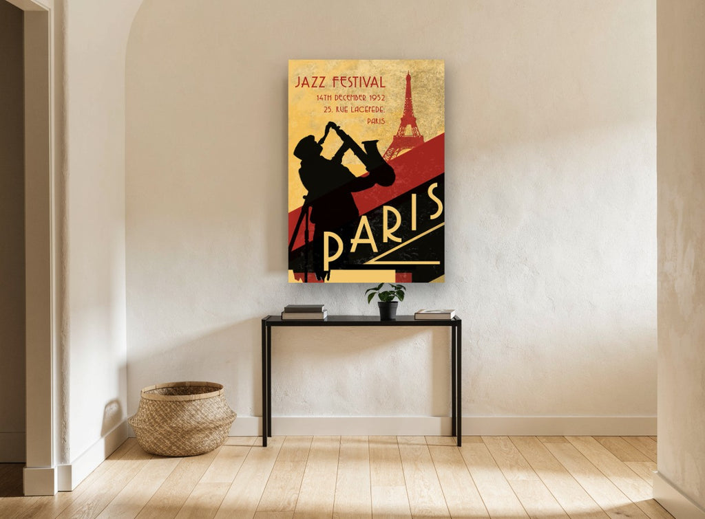 Paris Jazz Night vintage canvas print on the wall of a hallway