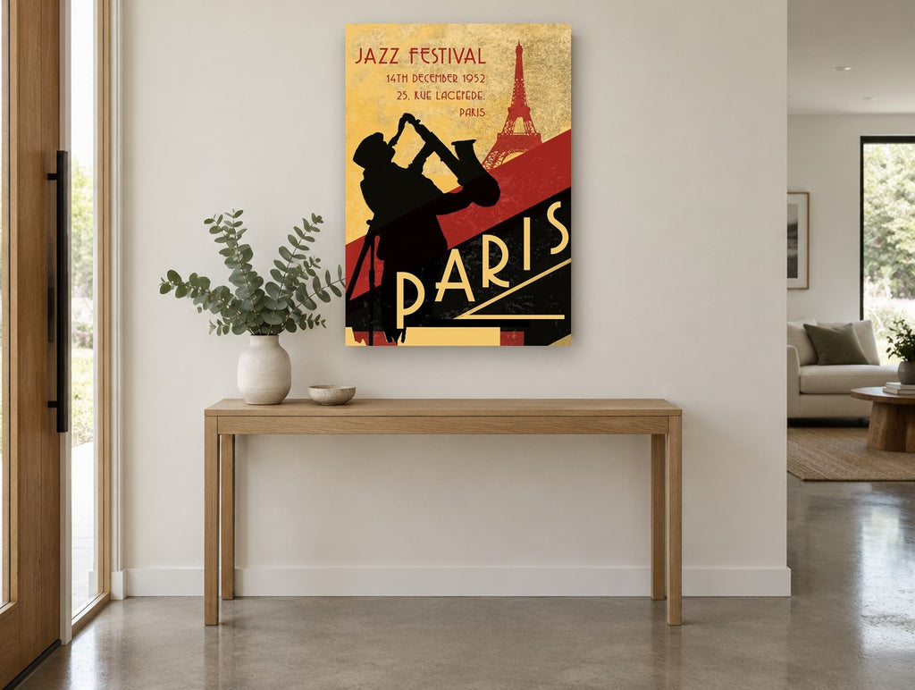Paris Jazz Night vintage canvas print on the wall of a entry hall