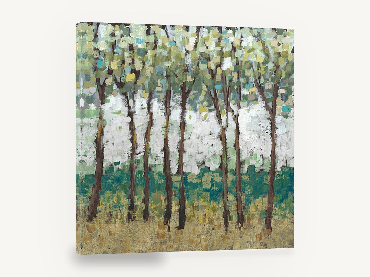 Teal Grove Clearing, abstract tree grove landscape artwork, landscape canvas wall art print ready to hang