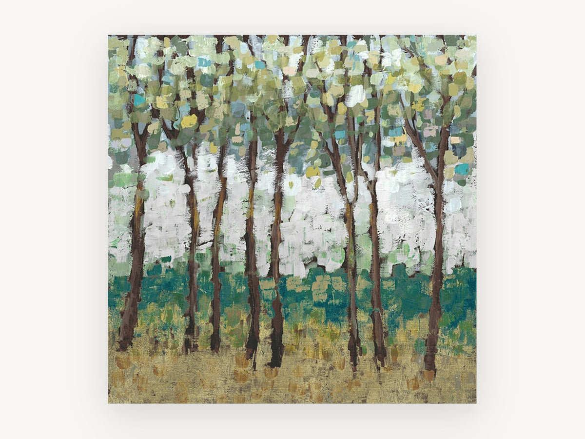 Teal Grove Clearing, abstract tree grove landscape artwork, landscape canvas wall art print, front view