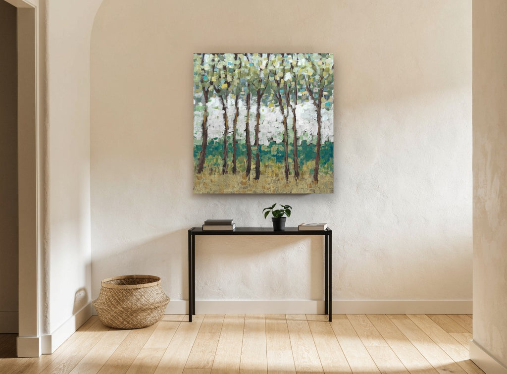 Teal Grove Clearing landscape canvas print on the wall of a hallway