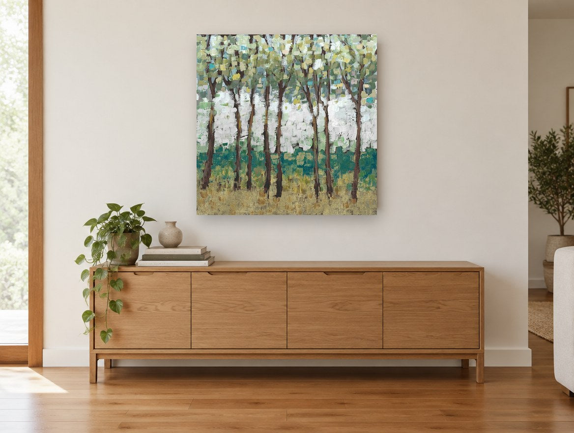 Teal Grove Clearing landscape canvas print on the wall of a living room above a sideboard