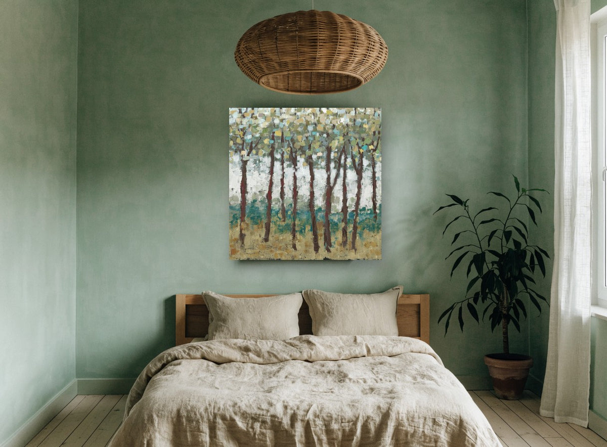 Teal Understorey Grove landscape canvas print on the wall of a bedroom