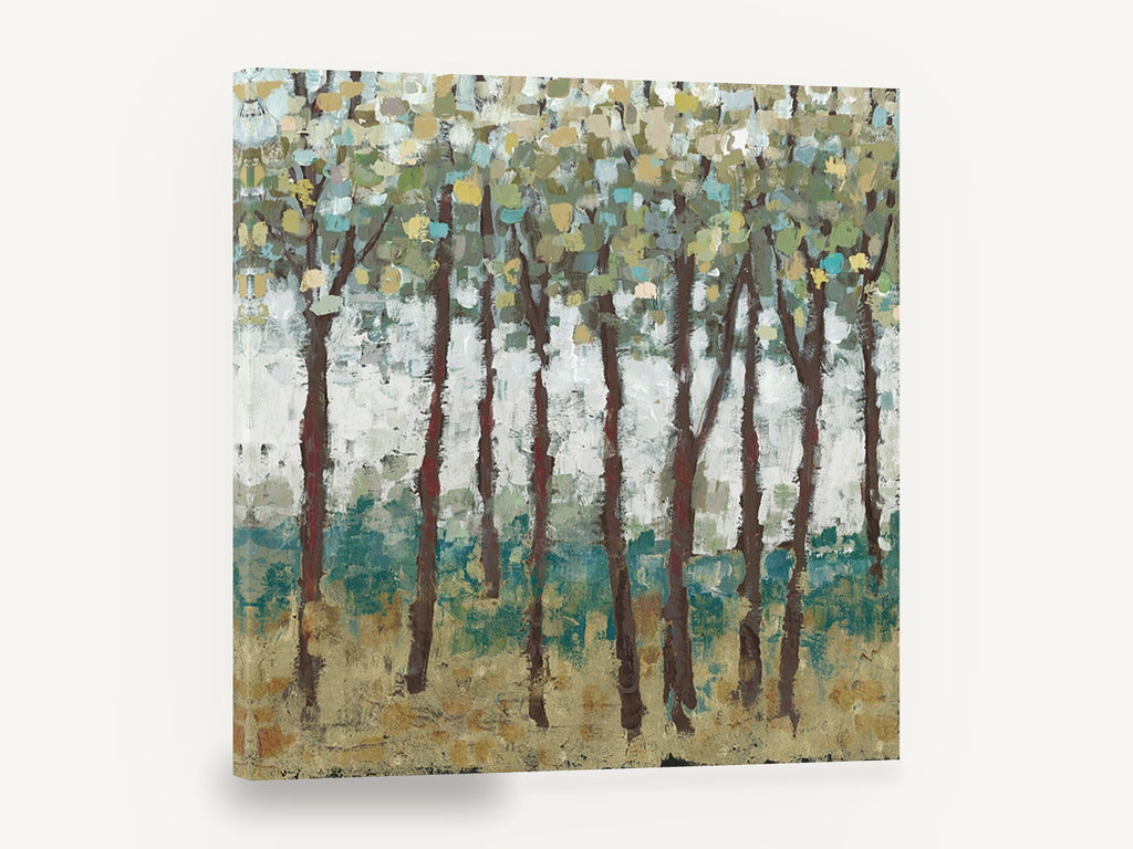 Teal Understorey Grove, abstract tree grove painting style, landscape canvas wall art print ready to hang