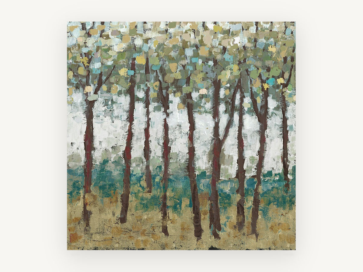Teal Understorey Grove, abstract tree grove painting style, landscape canvas wall art print, front view