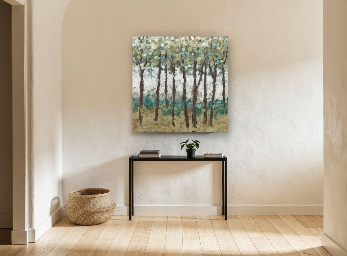 Teal Understorey Grove landscape canvas print on the wall of a hallway