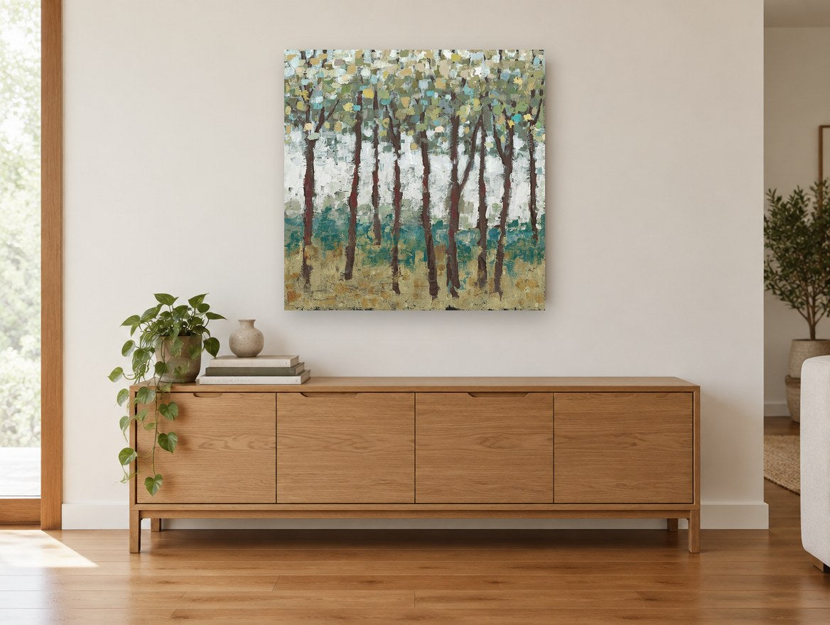 Teal Understorey Grove landscape canvas print on the wall of a living room above a sideboard