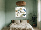 Scattered Feather Study animal canvas print on the wall of a bedroom