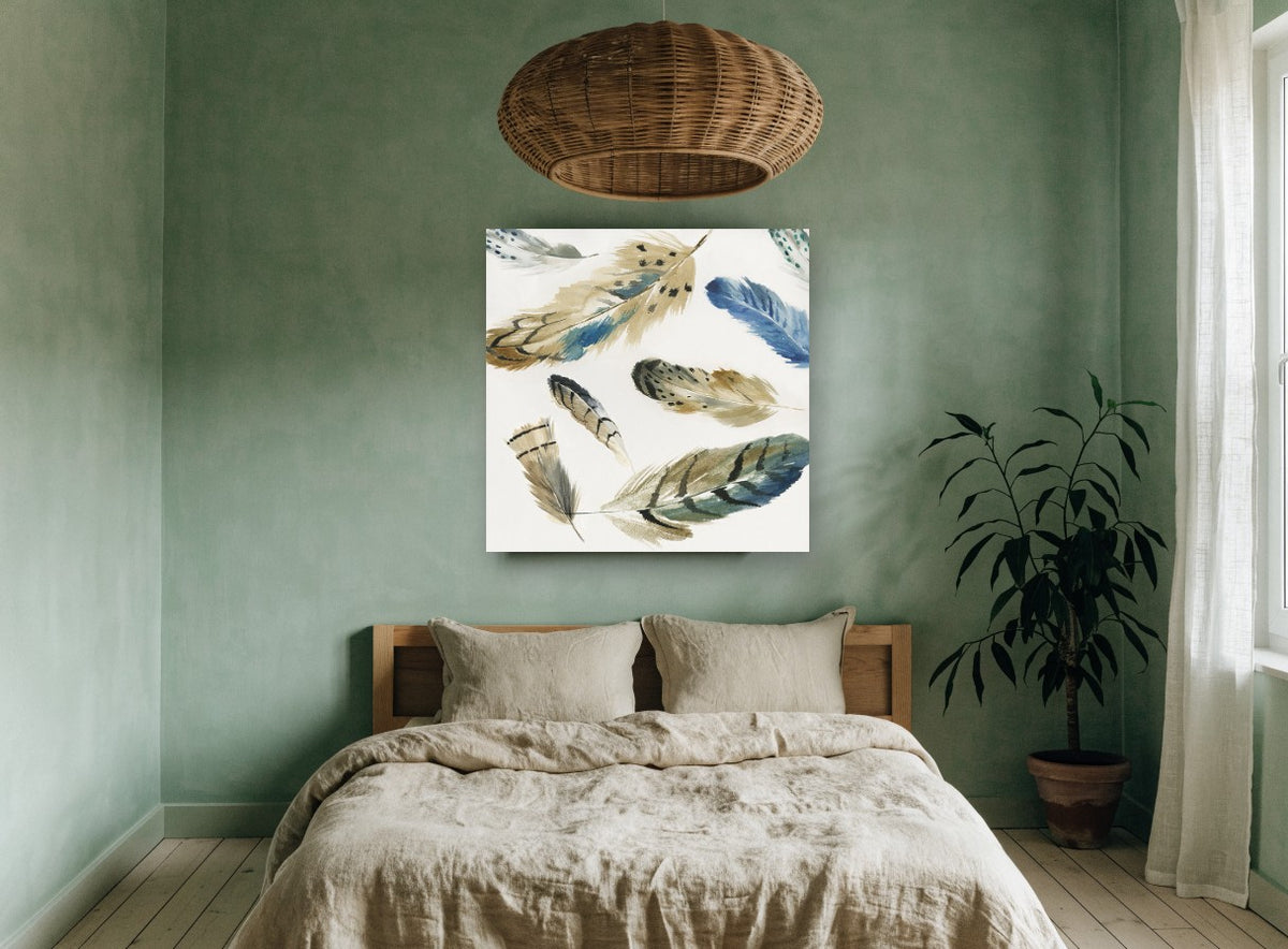Scattered Feather Study animal canvas print on the wall of a bedroom