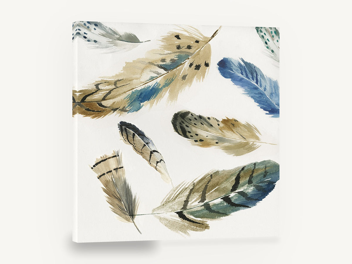 Scattered Feather Study, watercolour feathers botanical style, animal canvas wall art print ready to hang