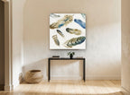 Scattered Feather Study animal canvas print on the wall of a hallway