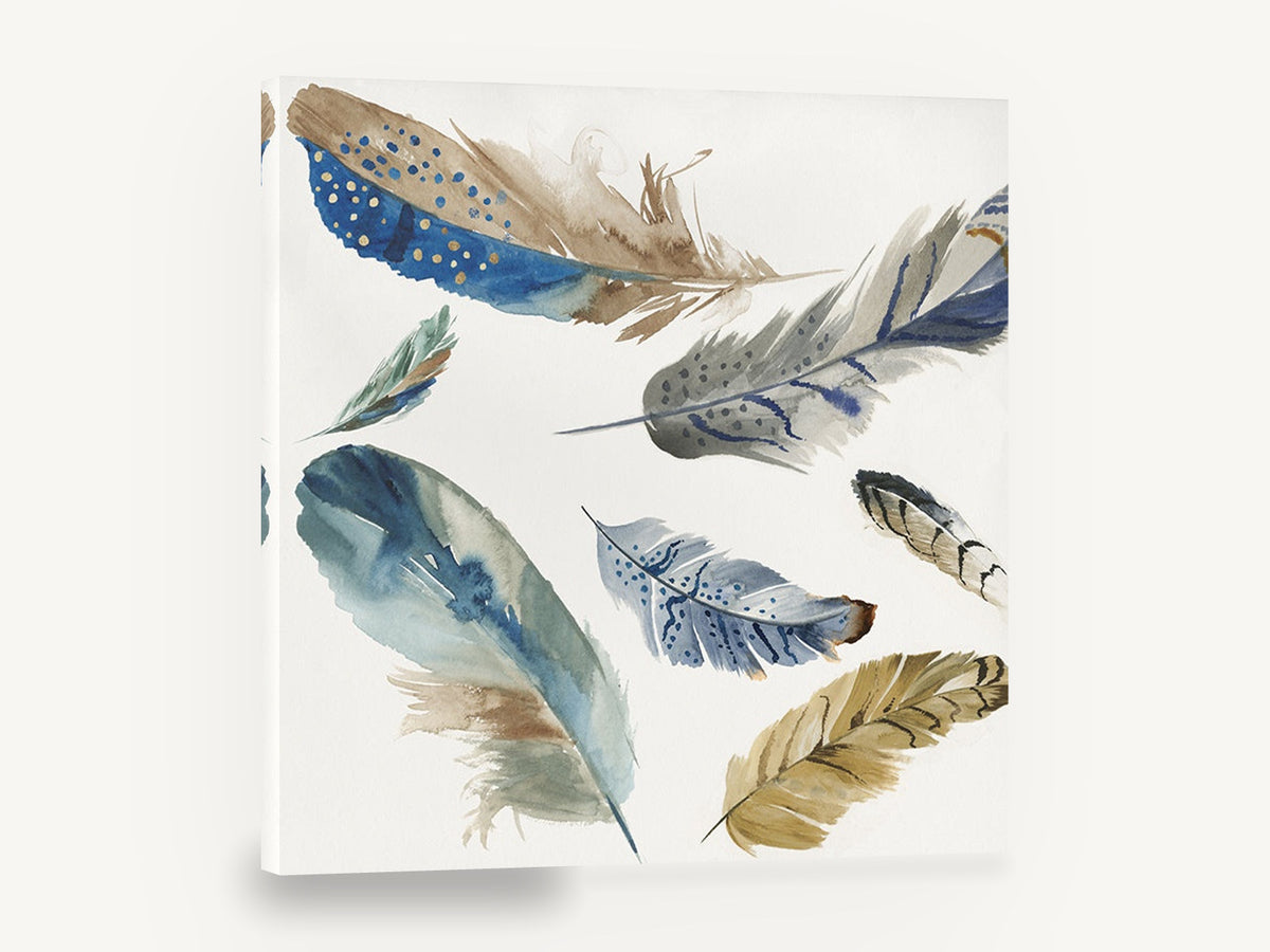 Drifting Blue Feathers, blue and tan feather watercolour, animal canvas wall art print ready to hang
