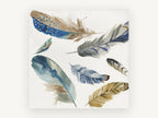 Drifting Blue Feathers, blue and tan feather watercolour, animal canvas wall art print, front view
