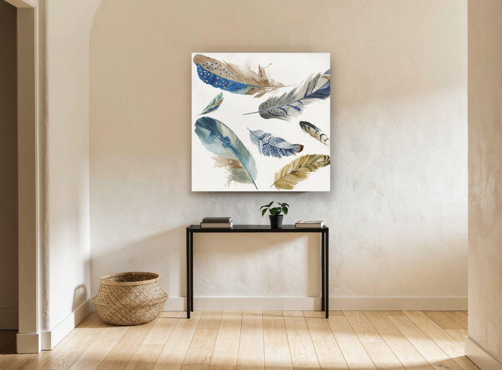 Drifting Blue Feathers animal canvas print on the wall of a hallway