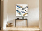 Drifting Blue Feathers animal canvas print on the wall of a hallway