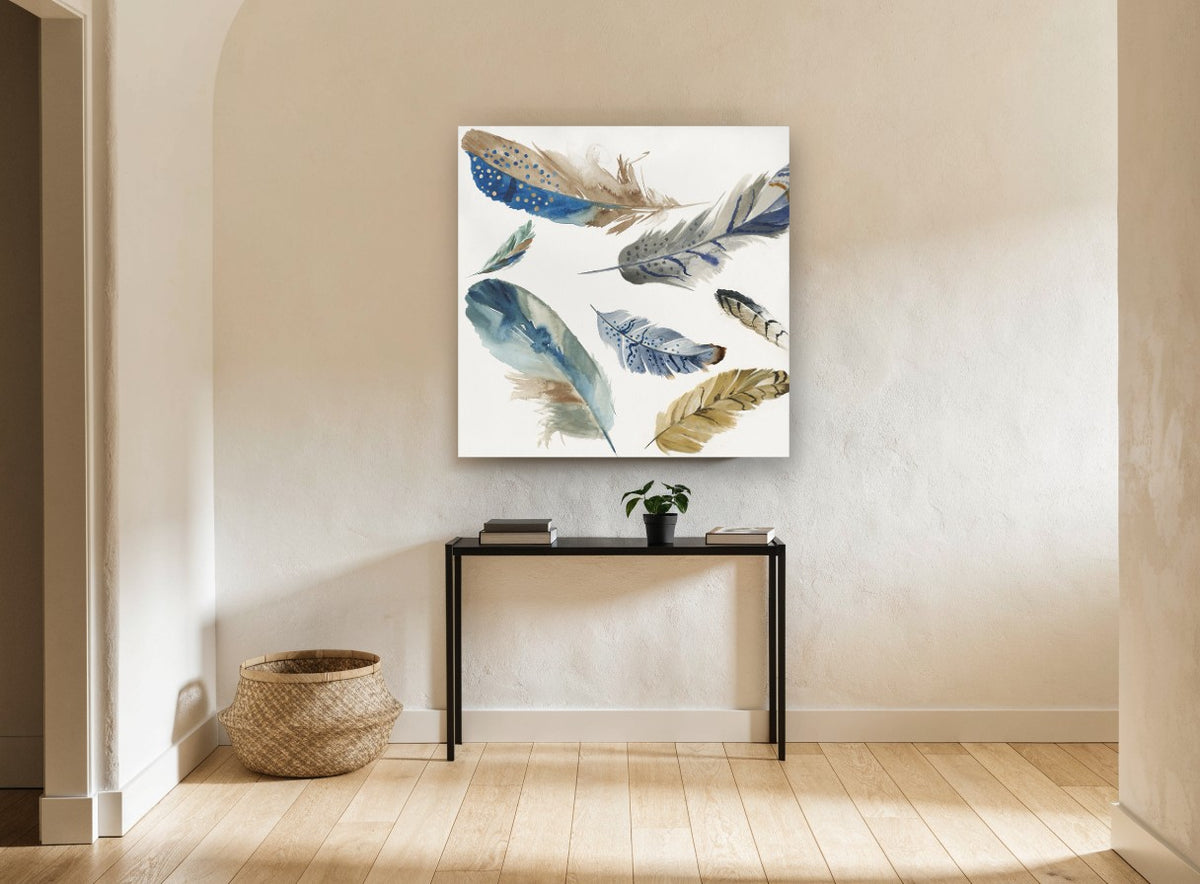 Drifting Blue Feathers animal canvas print on the wall of a hallway
