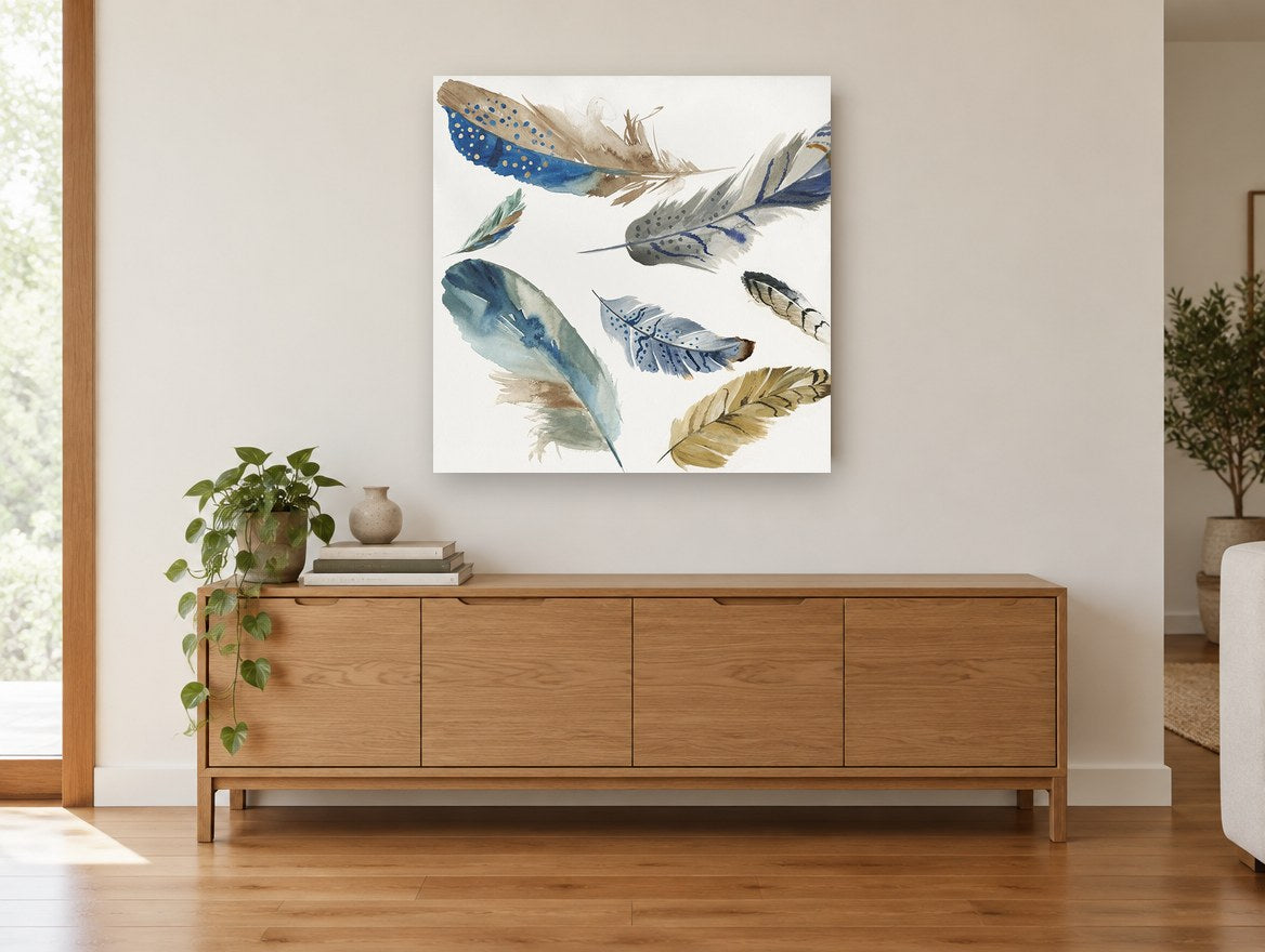 Drifting Blue Feathers animal canvas print on the wall of a living room above a sideboard
