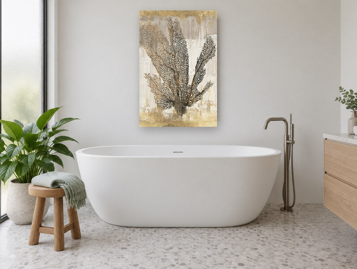 Gilded Sea Fan coastal canvas print on the wall of a bathroom