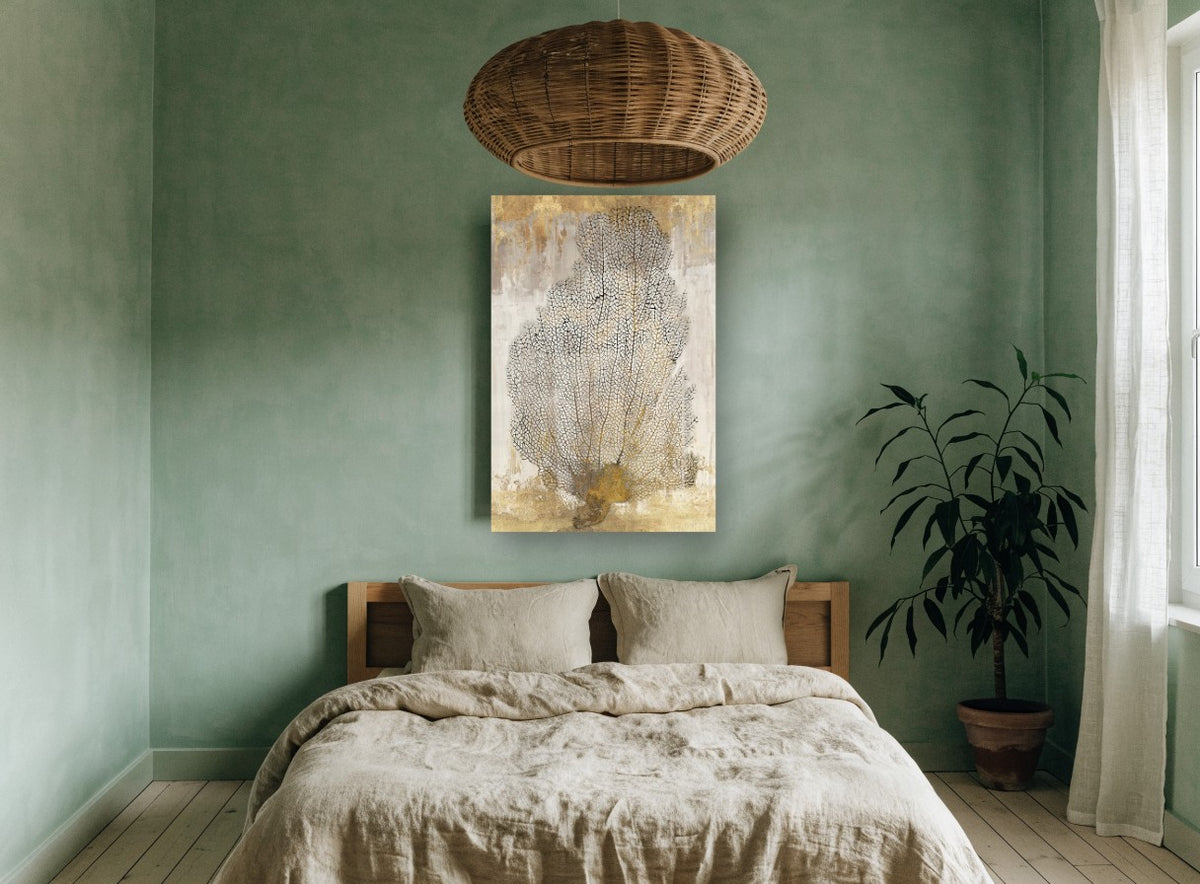 Golden Sea Fan coastal canvas print on the wall of a bedroom
