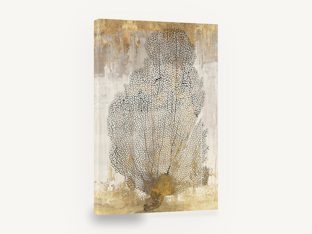 Golden Sea Fan, gold sea fan coral illustration, coastal canvas wall art print ready to hang