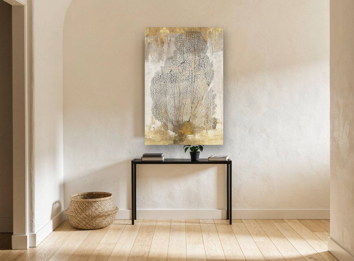 Golden Sea Fan coastal canvas print on the wall of a hallway