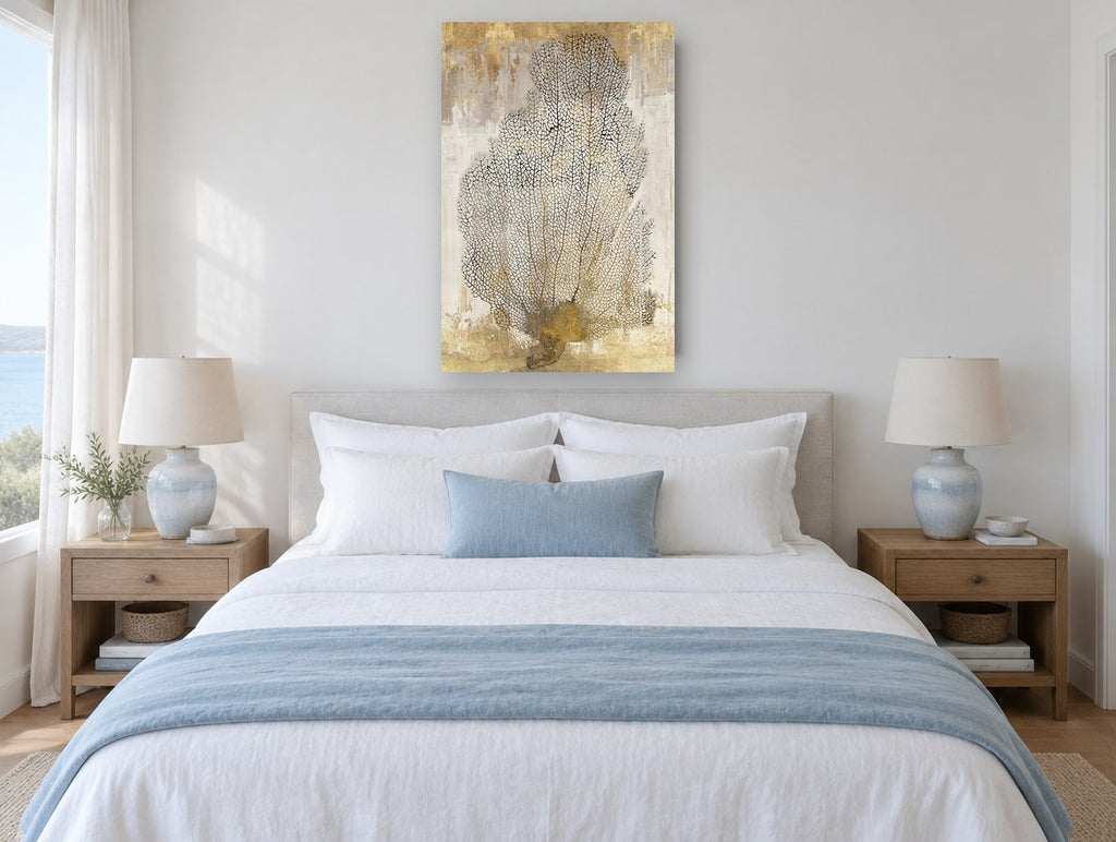 Golden Sea Fan coastal canvas print on the wall of a coastal bedroom