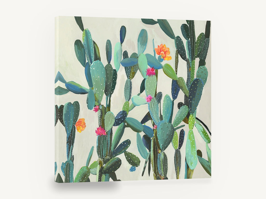 Flowering Cactus Garden, flowering cactus painting green teal, floral canvas wall art print ready to hang