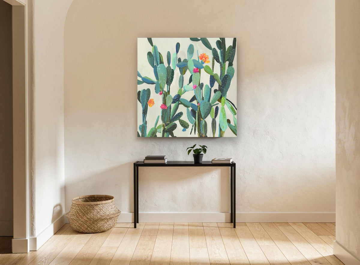 Flowering Cactus Garden floral canvas print on the wall of a hallway