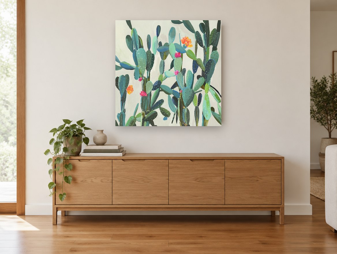 Flowering Cactus Garden floral canvas print on the wall of a living room above a sideboard
