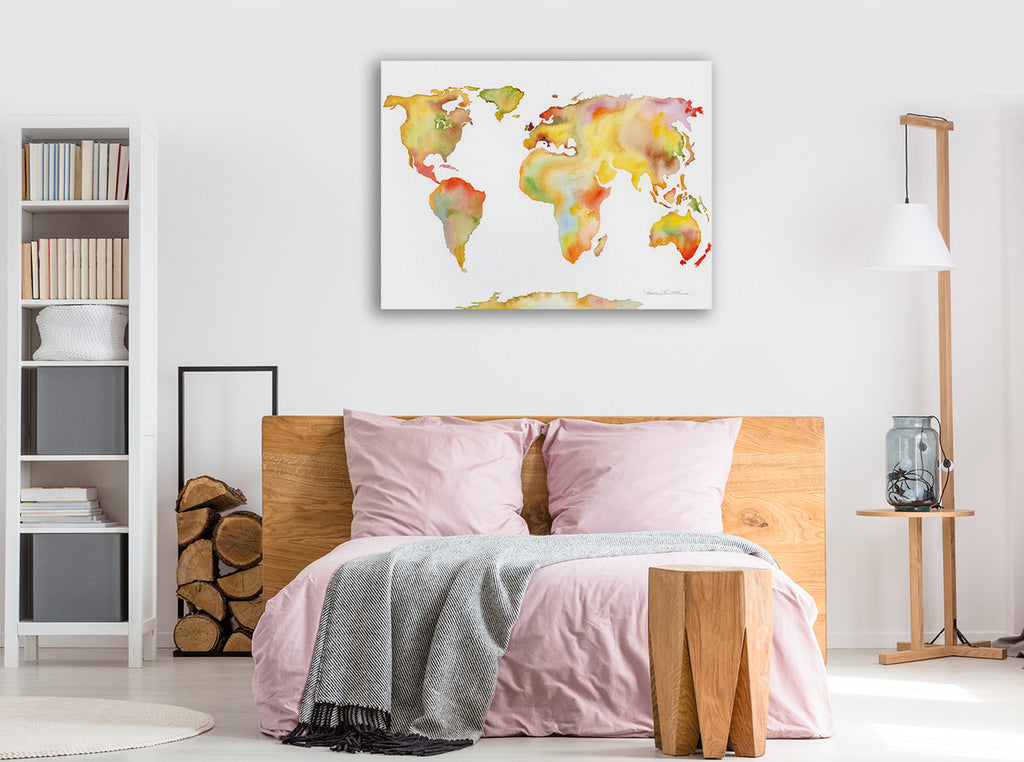 Watercolor World Map Wall Art Print on the wall