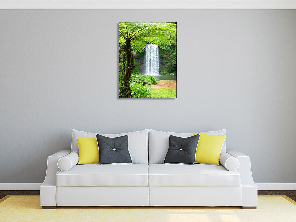 Waterfall Over Cliff Wall Art Print on the wall