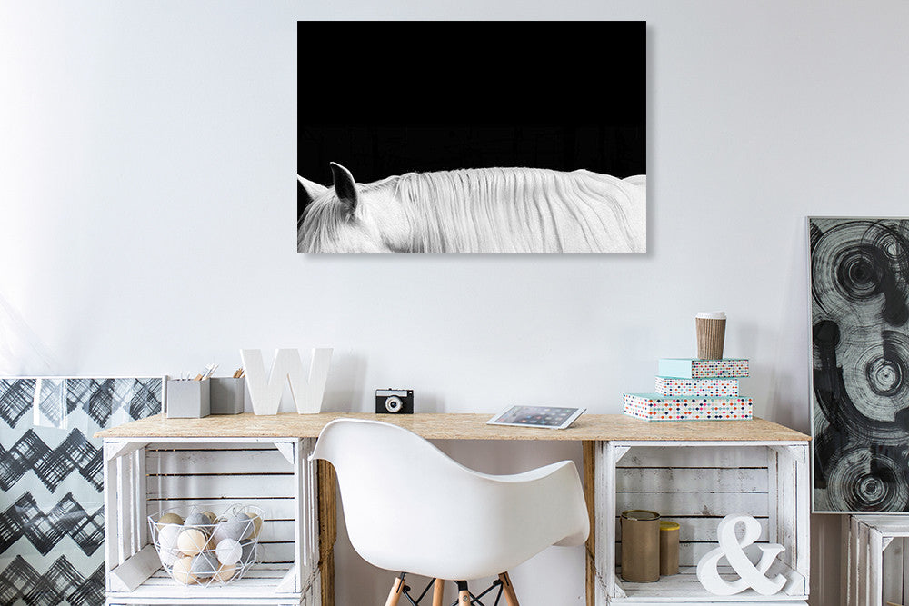 White Horse on Black II Wall Art Print on the wall