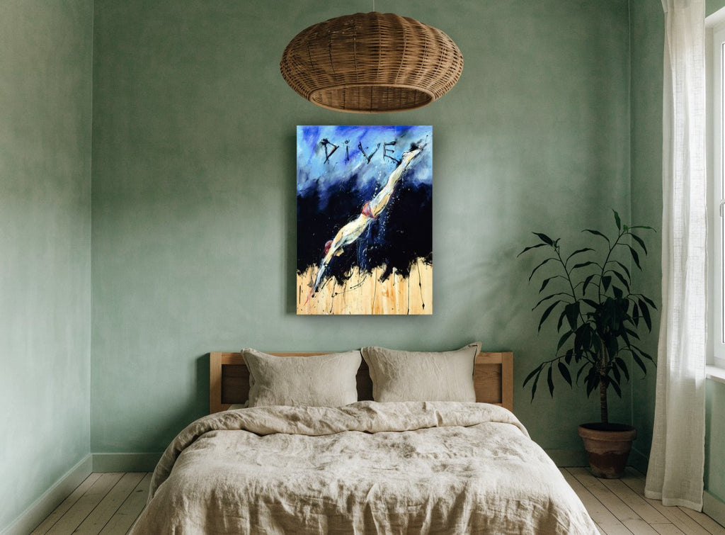 Dive Into Blue vintage canvas print on the wall of a bedroom