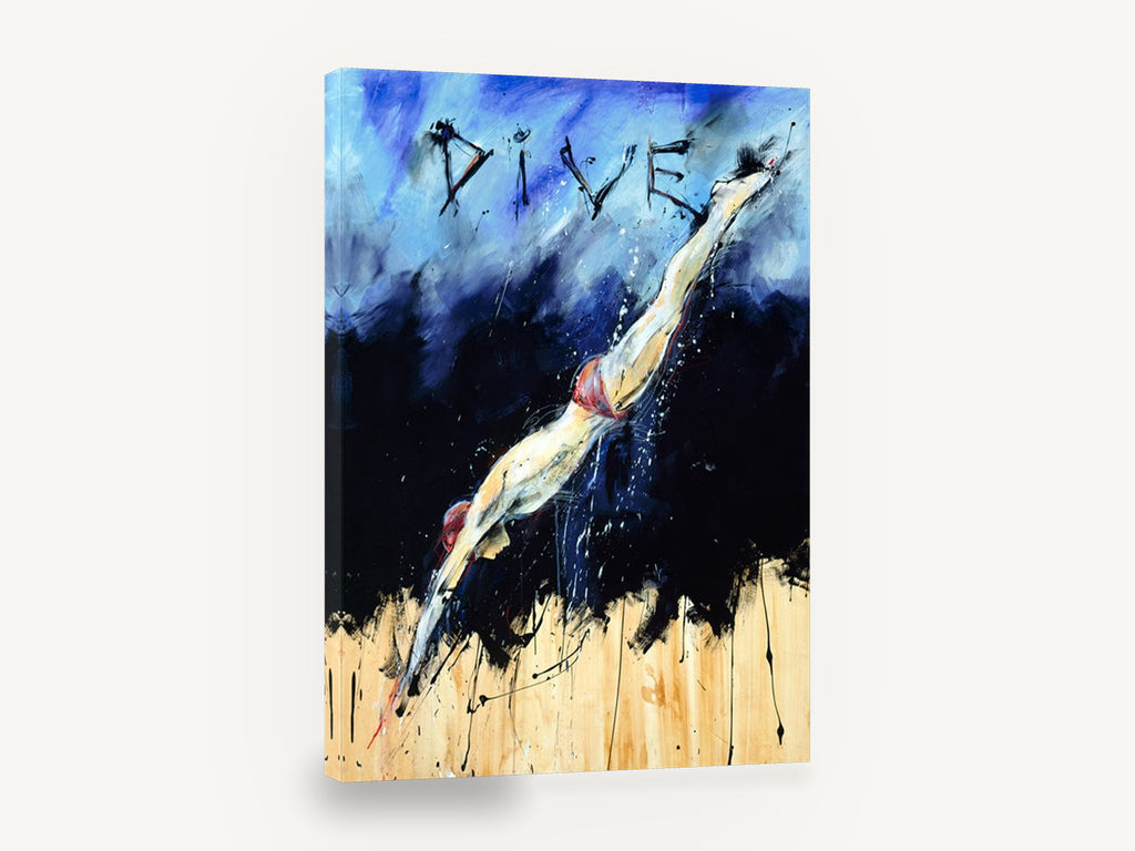 Dive Into Blue, retro diver sports typography, stretched canvas wall art print ready to hang