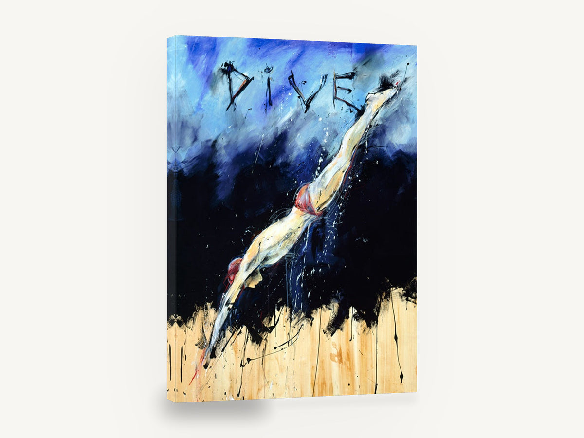 Dive Into Blue, retro diver sports typography, stretched canvas wall art print ready to hang