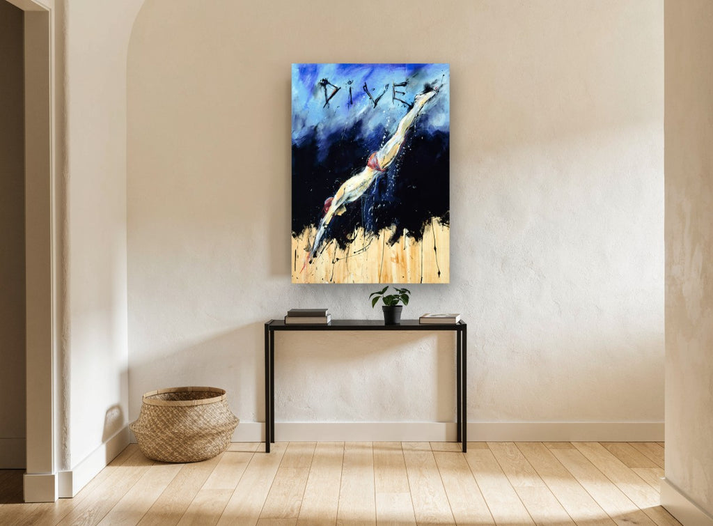 Dive Into Blue vintage canvas print on the wall of a hallway