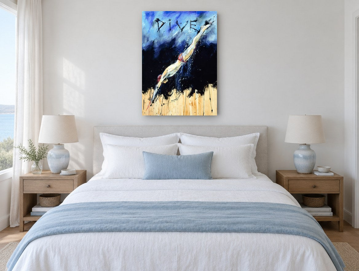 Dive Into Blue vintage canvas print on the wall of a coastal bedroom