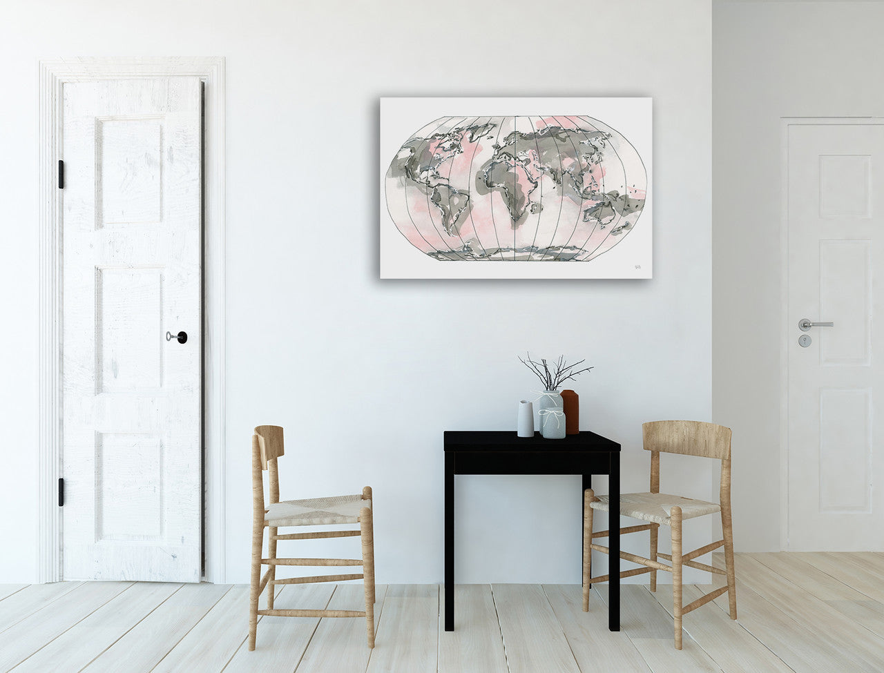 World Map Blush Wall Art Print on the wall