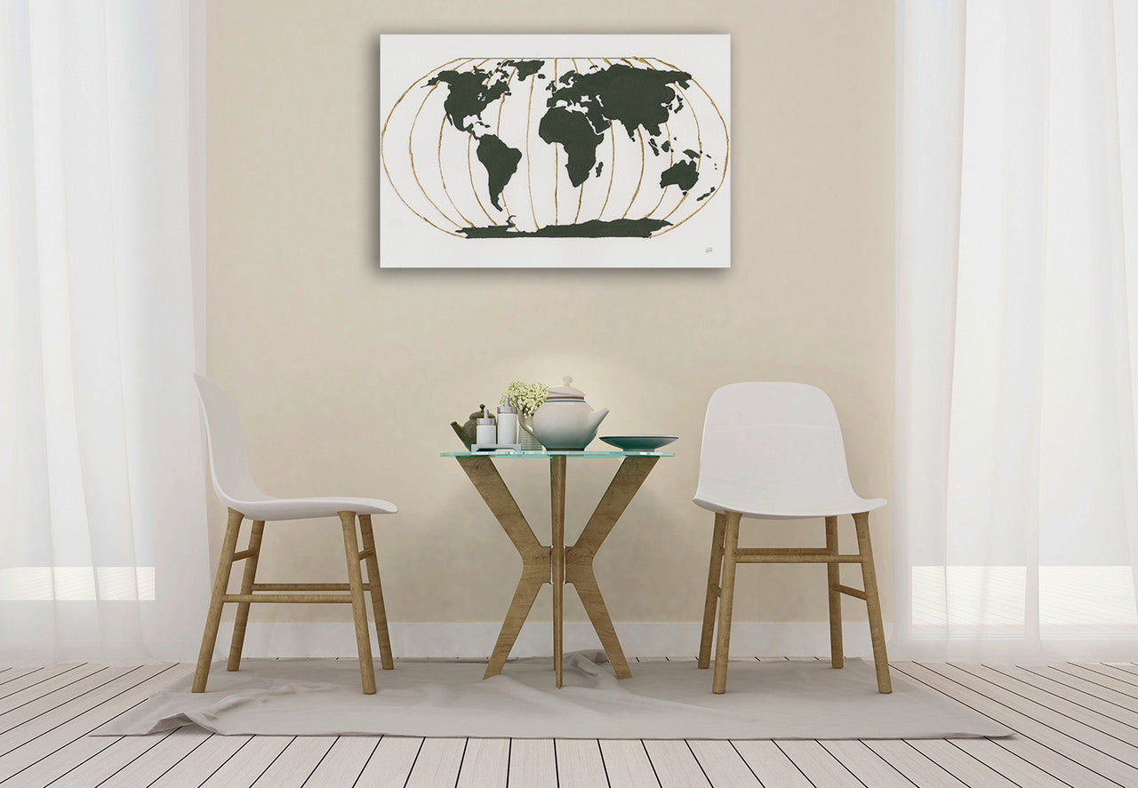 World Map Gold Lines Wall Art Print on the wall